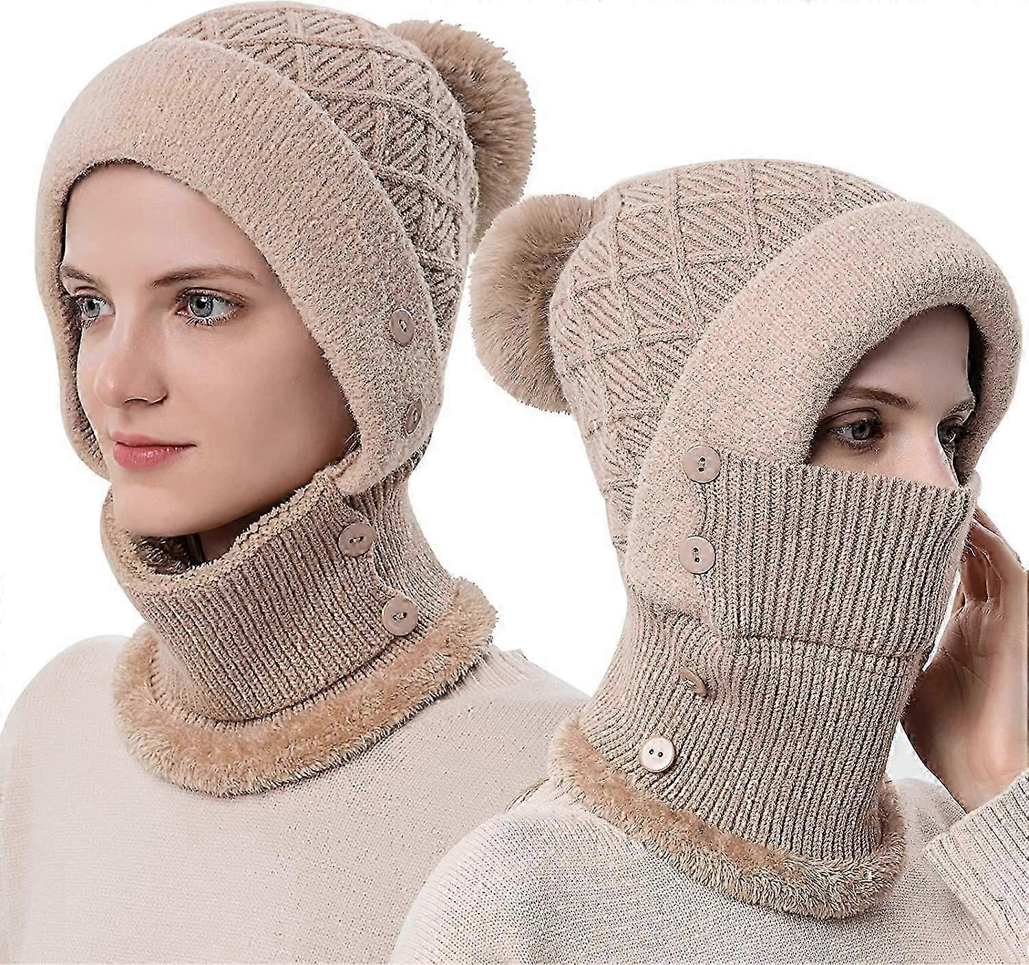 Kadın Kış Sıcak Örme Kap Şapka Boyun Isıtıcı Setleri, Çift Katmanlı Polar Astarlı Bere Şapka, Haki