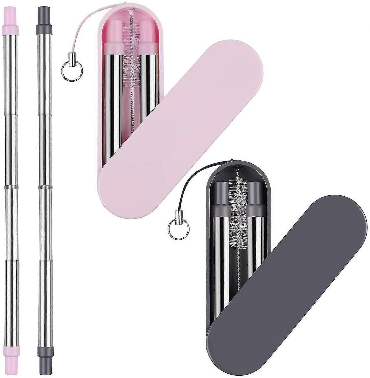 Reusable Straws Telescopic Metal Travel Straws - Stainless Steel Drinking Straws, Portable Collapsible Straw With Case Key Chain Cleaning Brush, 2