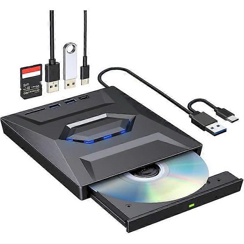 External USB 30 Ultra Slim CD DVD Burner Reader + Type-C Port + SD Card ROM +--RW Player for PC Mac Windows 11-10-8-7