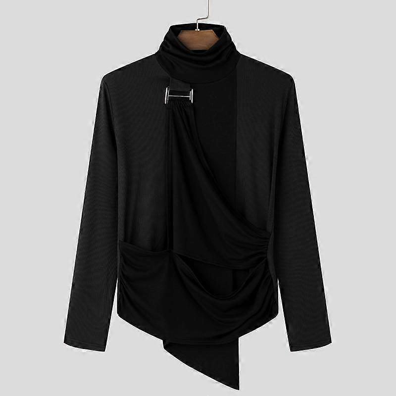 INCERUN Men Turtleneck Undershirts Long Sleeve Patchwork Skinny Irregular Tops