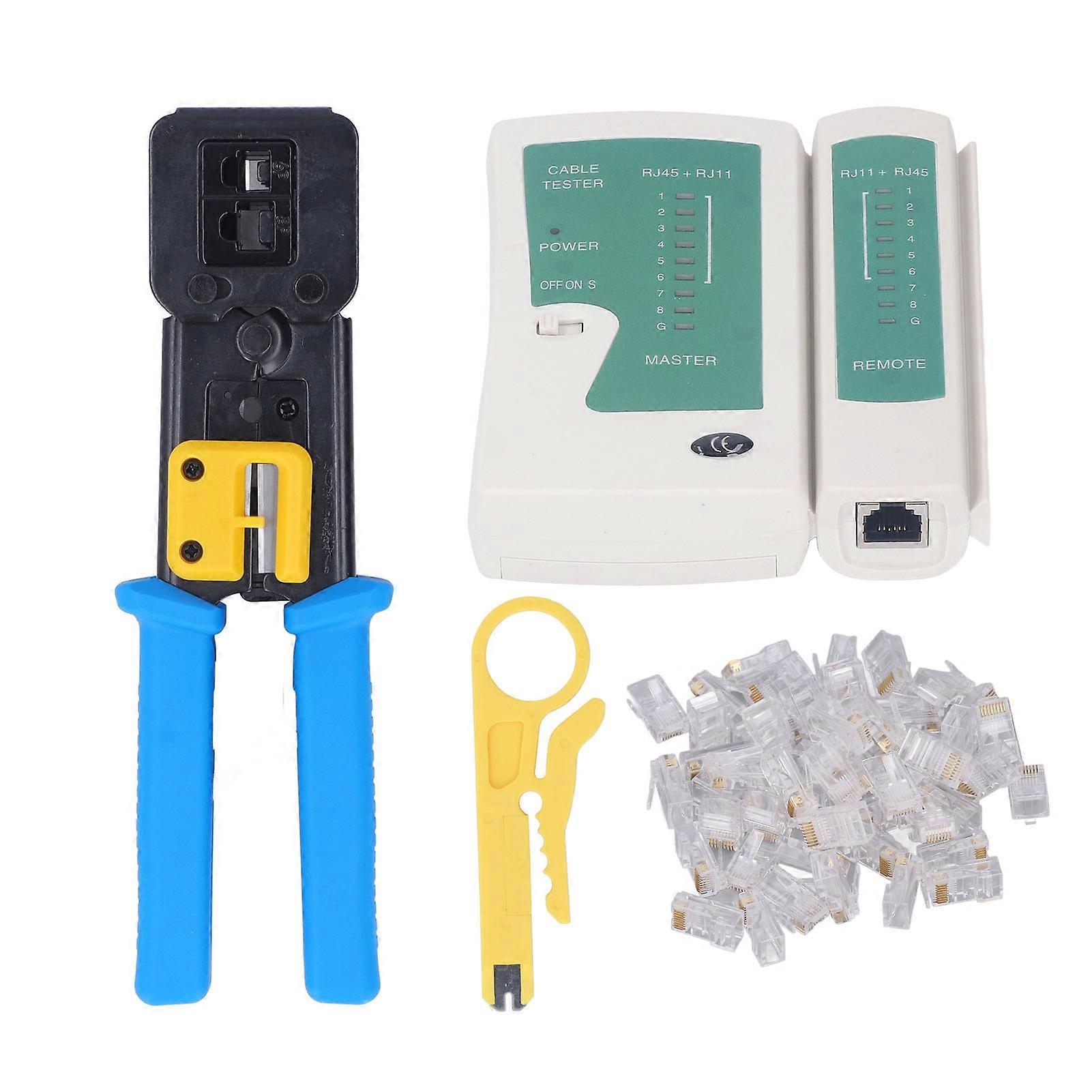 RJ45 Crimp Tool Kit with Pass Thru for CAT6 CAT5E, Including Connector, Network Cable Tester and Wire Stripper