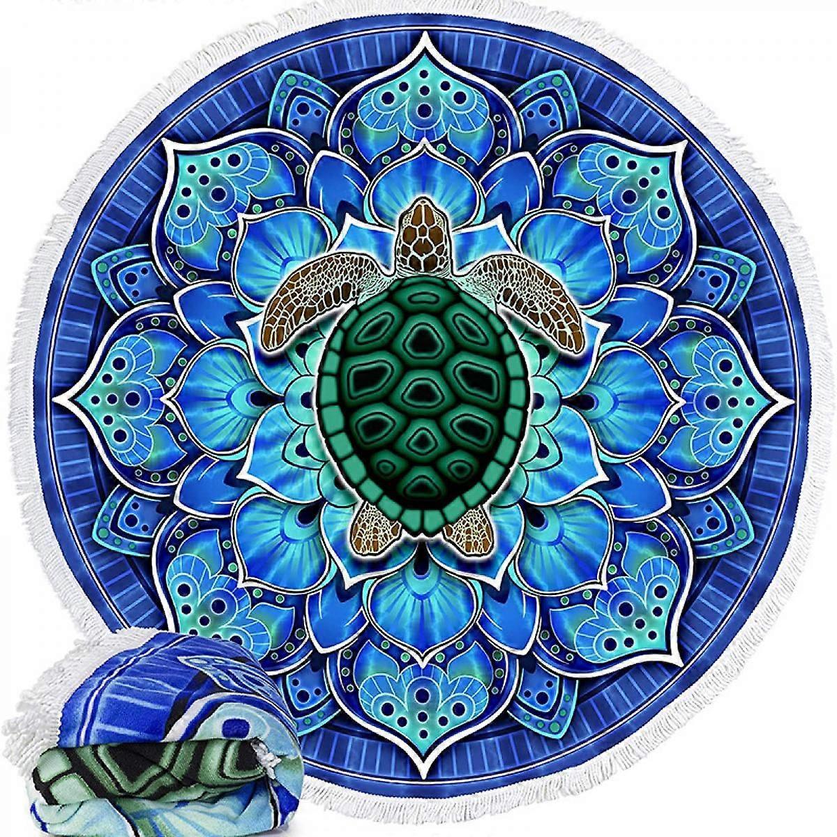 Microfibre Cotton Picnic Towel 59" x 59" , Circular Beach Blanket Throw with Fringe, Plush Round Tapestry, (Mandala Turtle)