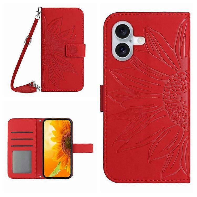HT04 Compatible For iPhone 16 Plus Case with Shoulder Strap Leather Phone Cover Sunflower Pattern