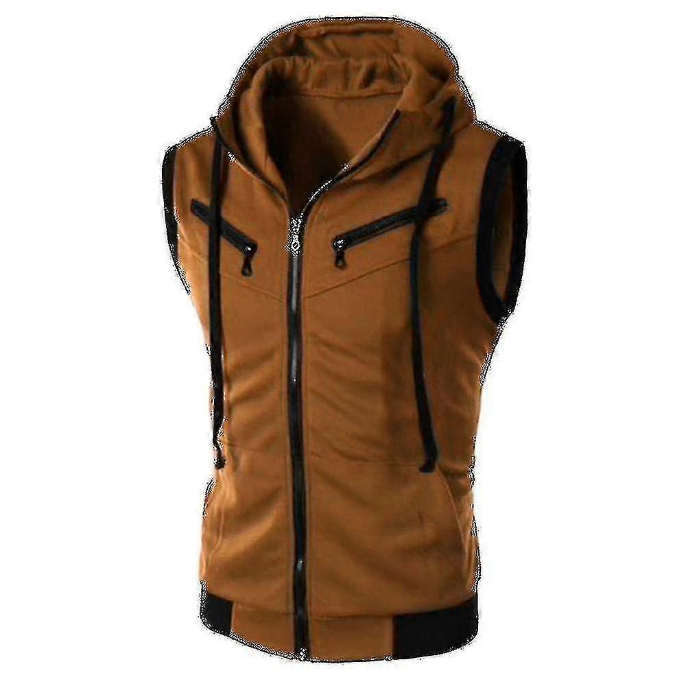 Colete com Capuz Sem Mangas em Mistura de Algodão para Homens, Colete Casual Streetwear com Zíper