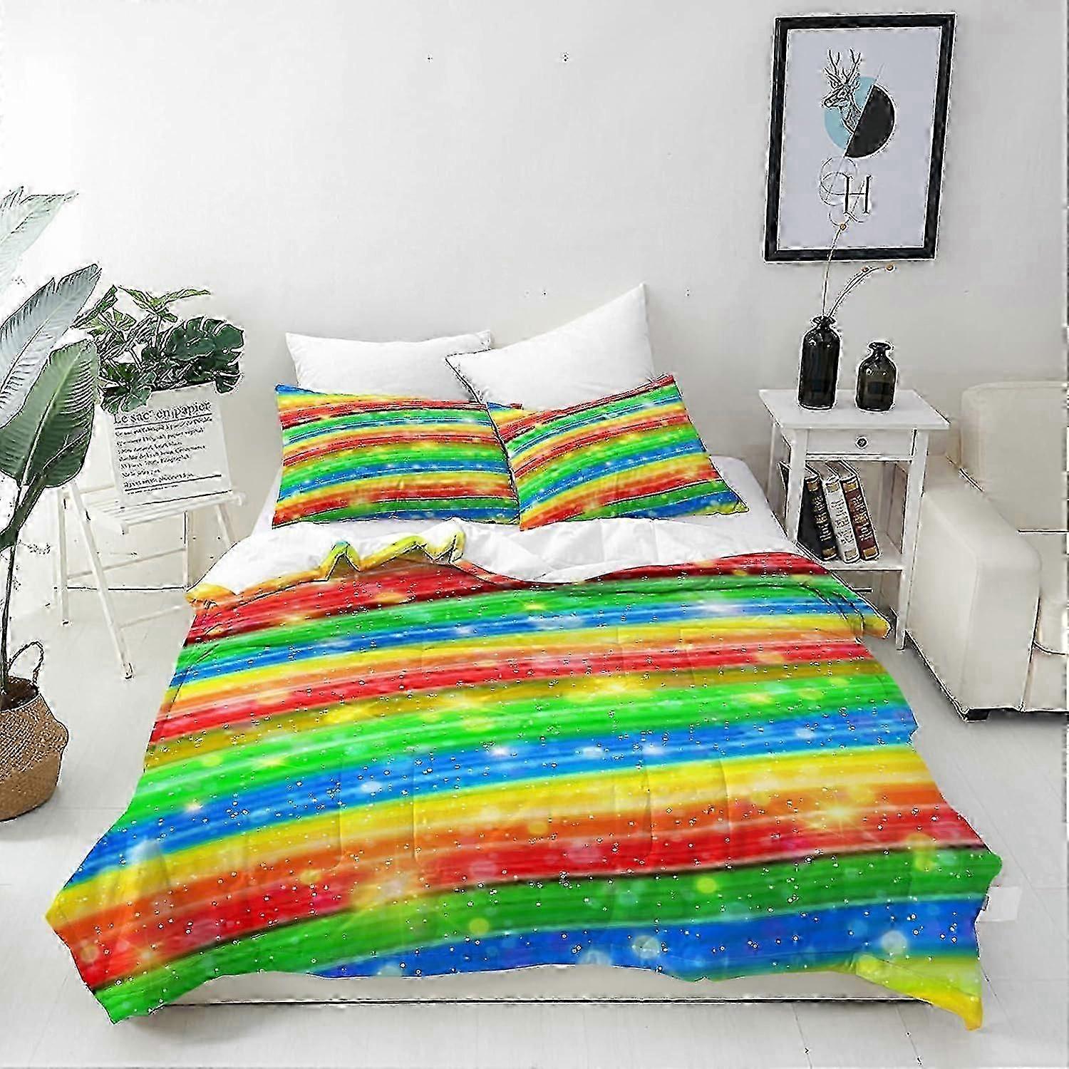 J656 Bed Sheets Rainbow Duvet Cover Set Soft Comforter Cover Set with Colorful Lines Print Pattern Decorative 3 Piece Bedding Set with Pillowcase All