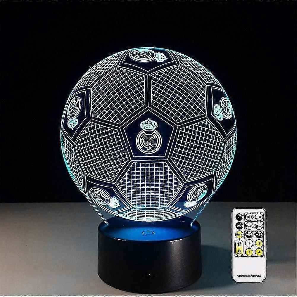 Złudzenie optyczne 3D Real Madrid Piłka nożna Lampa nocna Zabawka, pilot zdalnego sterowania, ściemnialność, bateria lub zasilanie USB, 7 kolorów Zmiana prezentu na Boże Narodzenie F