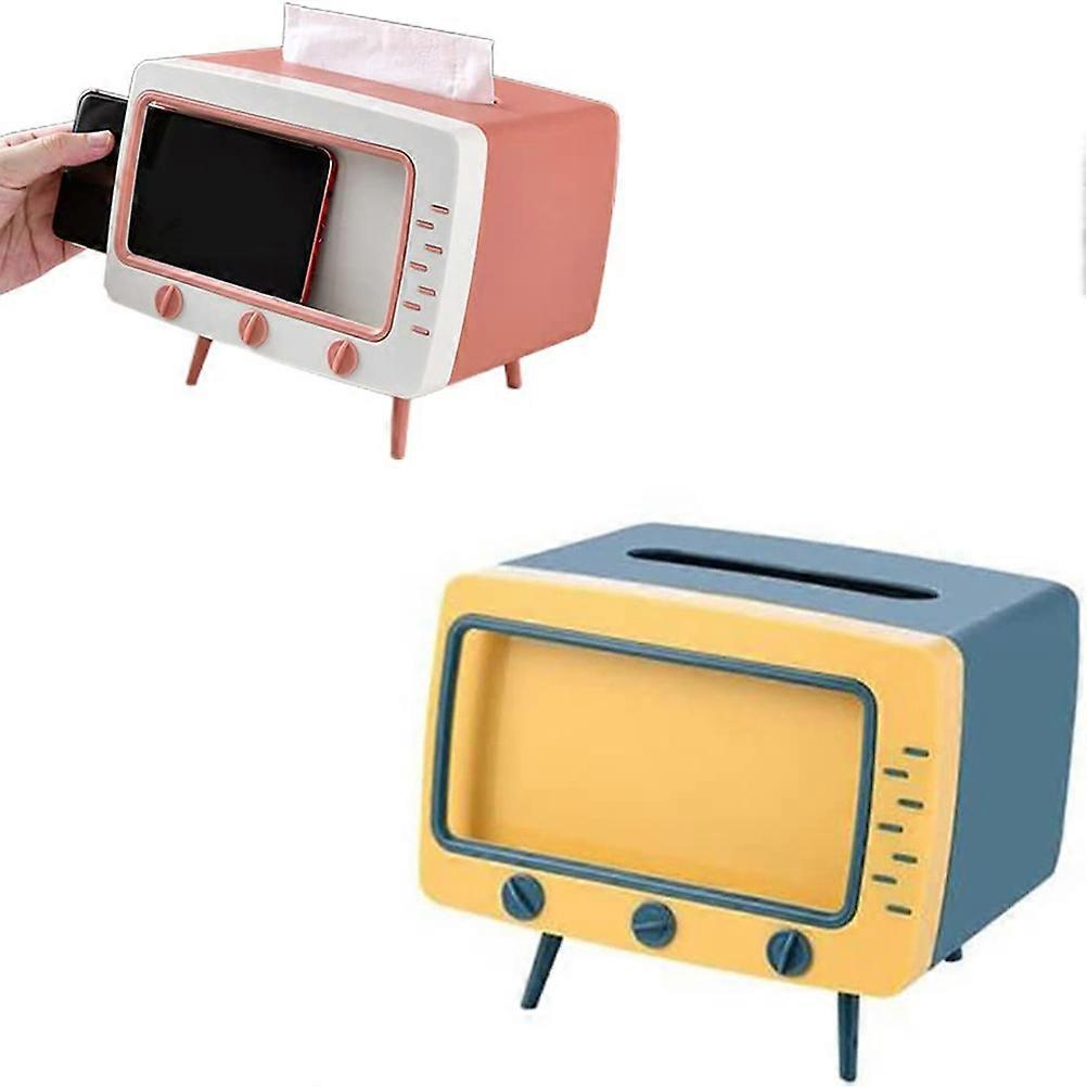 2 in 1 Home TV Shape Tissue Box Desktop Napkin Holder Case Mobile Phone Viewing Bracket Living Room Decor