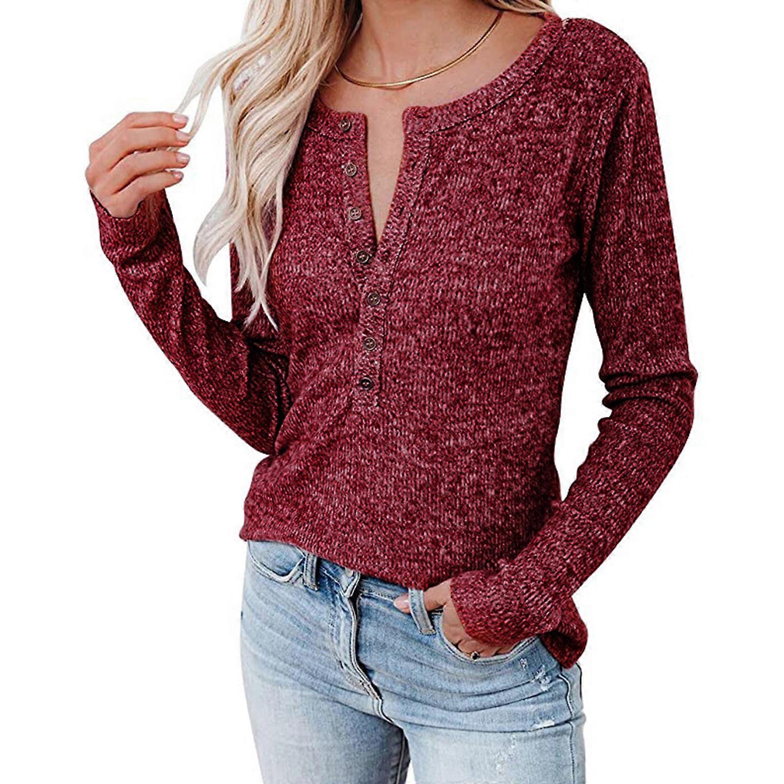 Damen Langarm Henley TShirts Button Down Slim Fit Tops Langes Hemd mit Knopfleiste Fitted Tops mit Rundhalsausschnitt Bordeaux XL.