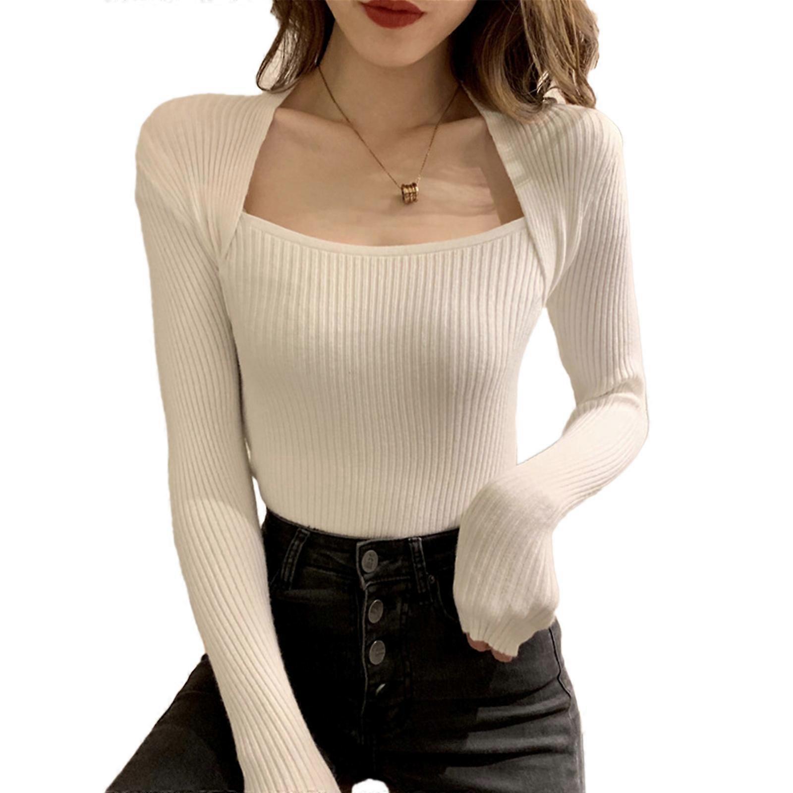 Women Slim Fitted Lightweight Long Sleeve Square Collar Sweater Ribbed Knitted Solid Basic Bottoming Pullover Jumper Top  White