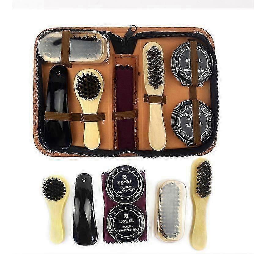 ערכת צחצוח נעליים עם נרתיק עור מסוגנן, ערכת צחצוח נעלי נסיעות 8 חלקים-Yvan