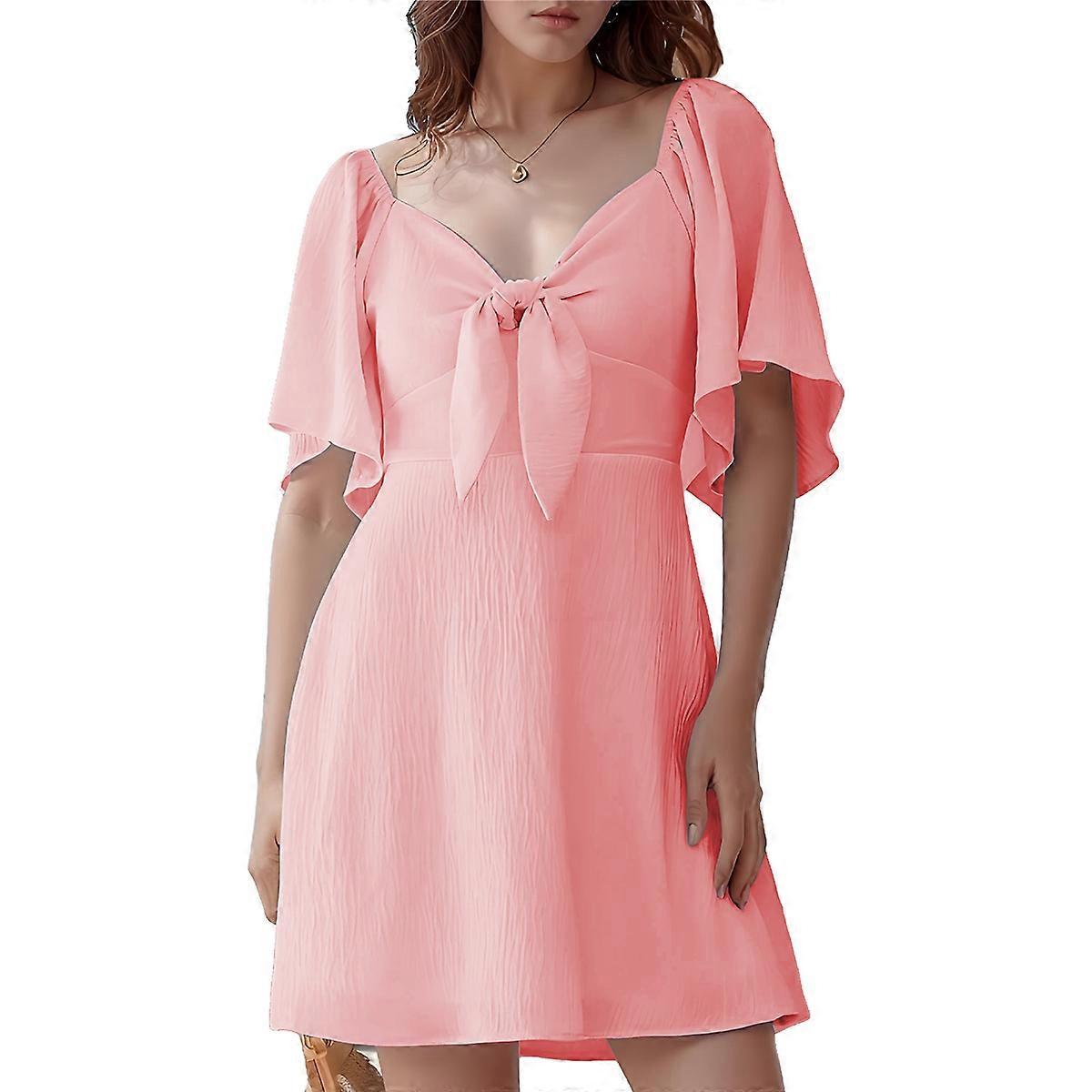 Deep V Neck Elegant Bow Tie Mini Dress Pink L