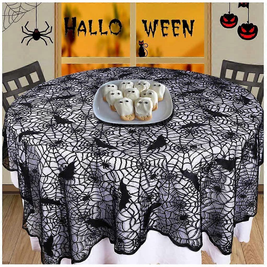 1 Piece Round Cobweb Black Lace Bat Spiderweb Table Topper for Halloween Dinner Party Decor 70-Inch