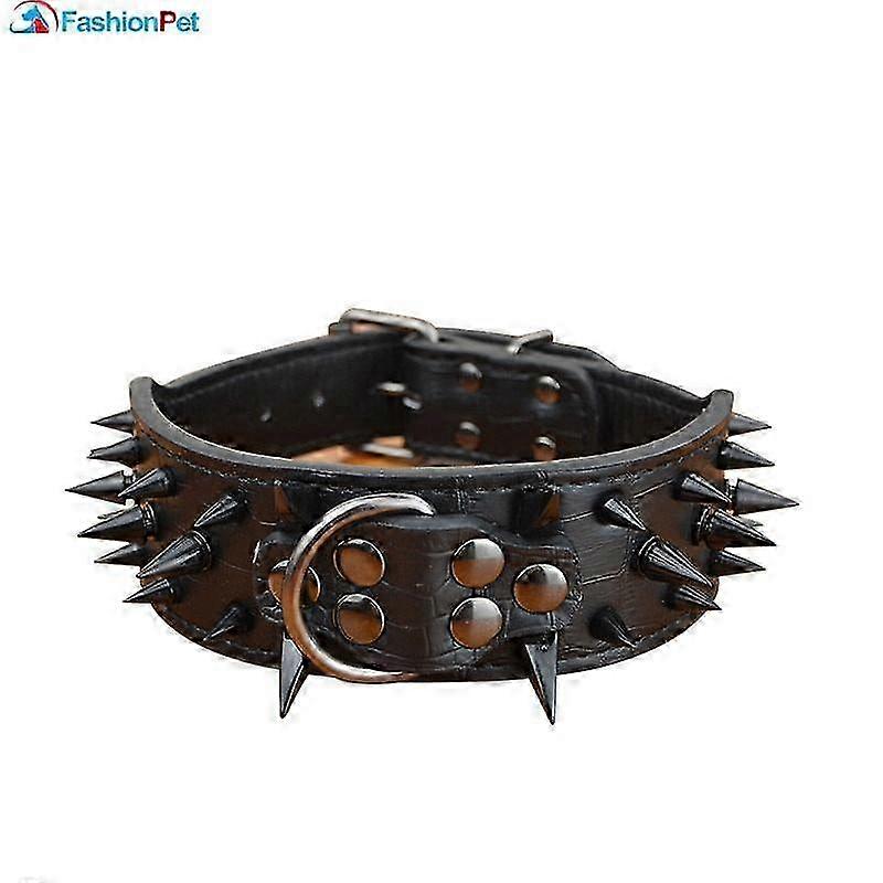 Premium Width Polyurethane Leather Dog Collar Equipped with Black Sharp Spikes for Large Breed Dogs like Pitbull and Mastiff