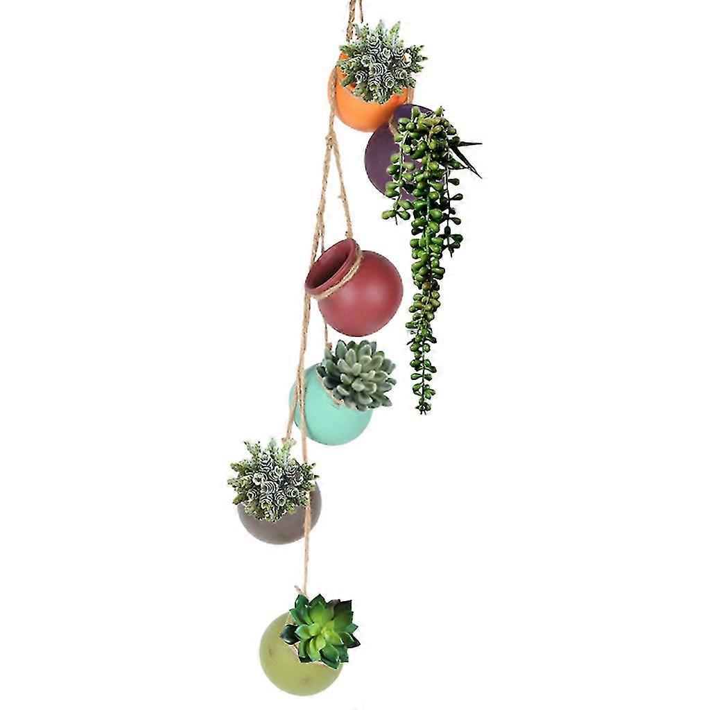 6-Pot Hanging Rustic Ceramic Planter Set Mini Multi-Color Succulent Cactus Pots