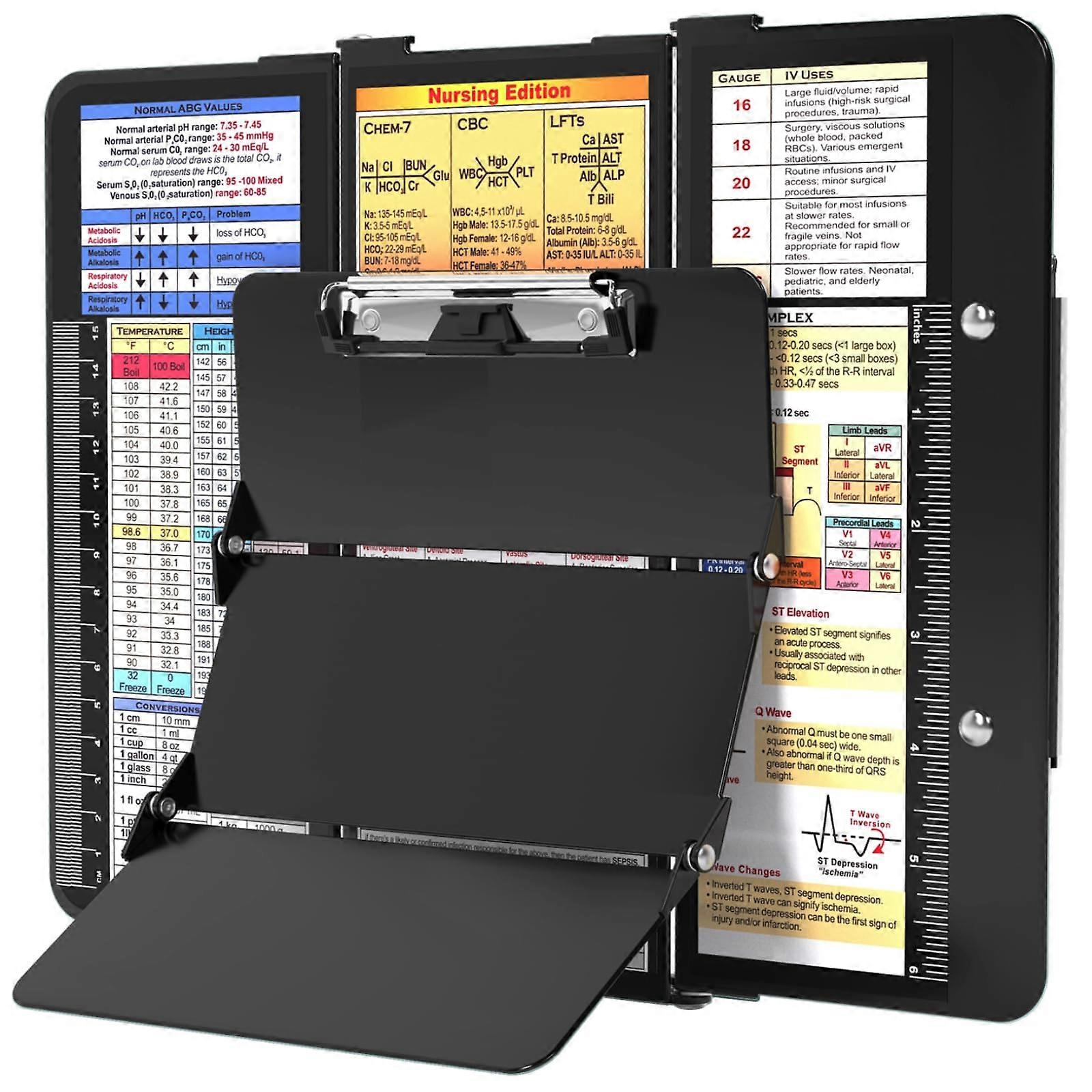 Nursing Clipboard Foldable with Cheat Charts, 3-Layer Aluminum, Low Profile Clip & Pen Pocket, Black for Nurses and Students