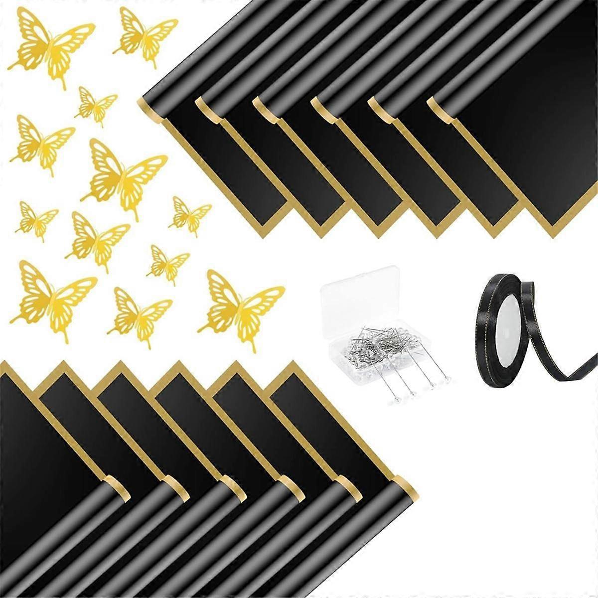 24 Sheets Flower Wrapping Paper, Floral Bouquet Wrapping Paper with 36PCS Gold Butterfly Decor, 100 Pearl Pins, Ribbon