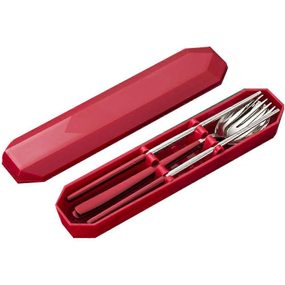 Tableware，Stainless Steel Spoon Fork Chopsticks Tableware Set-Red And Silver Three-Piece Suit