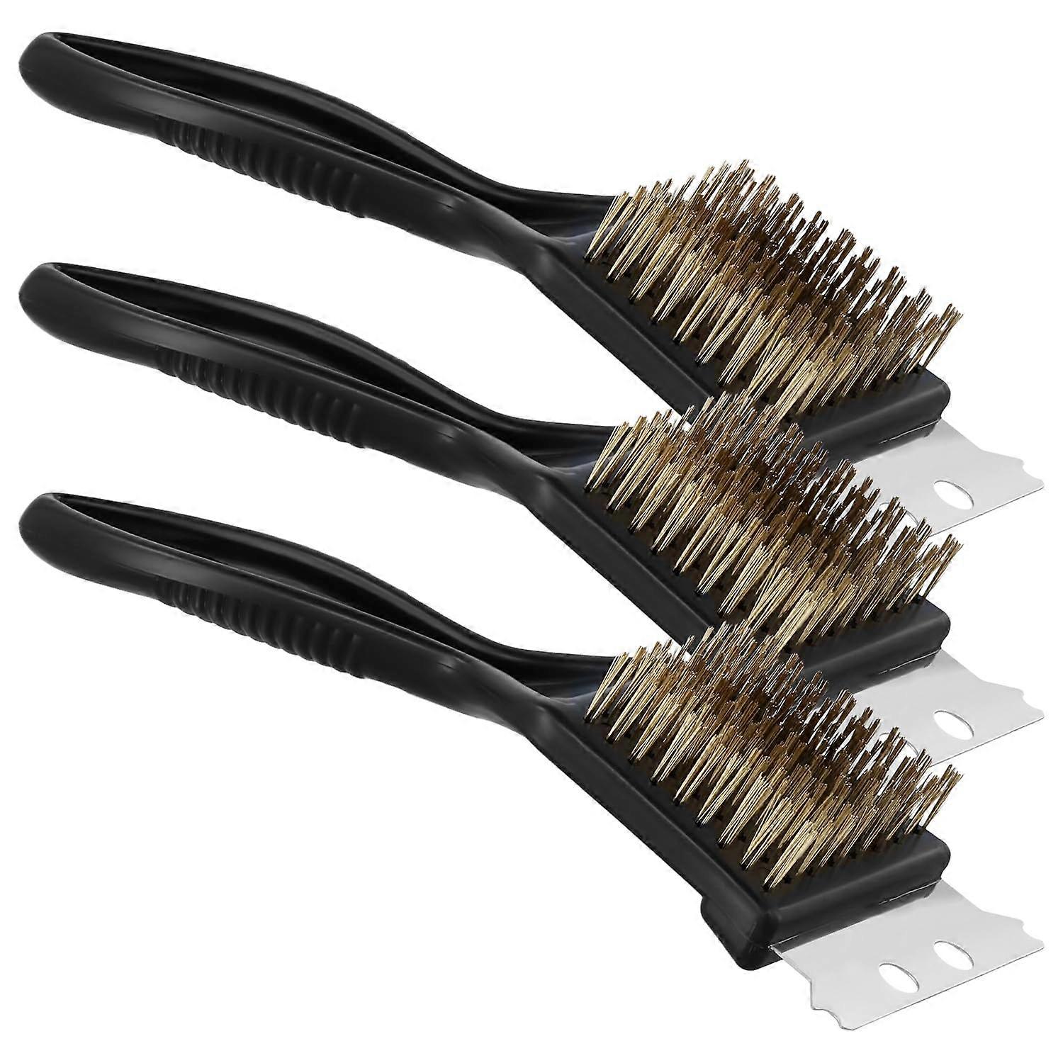 Set of 3 Grill Brushes – Brass Bristles Stainless Steel Scraper – for BBQ Grill Cleaning