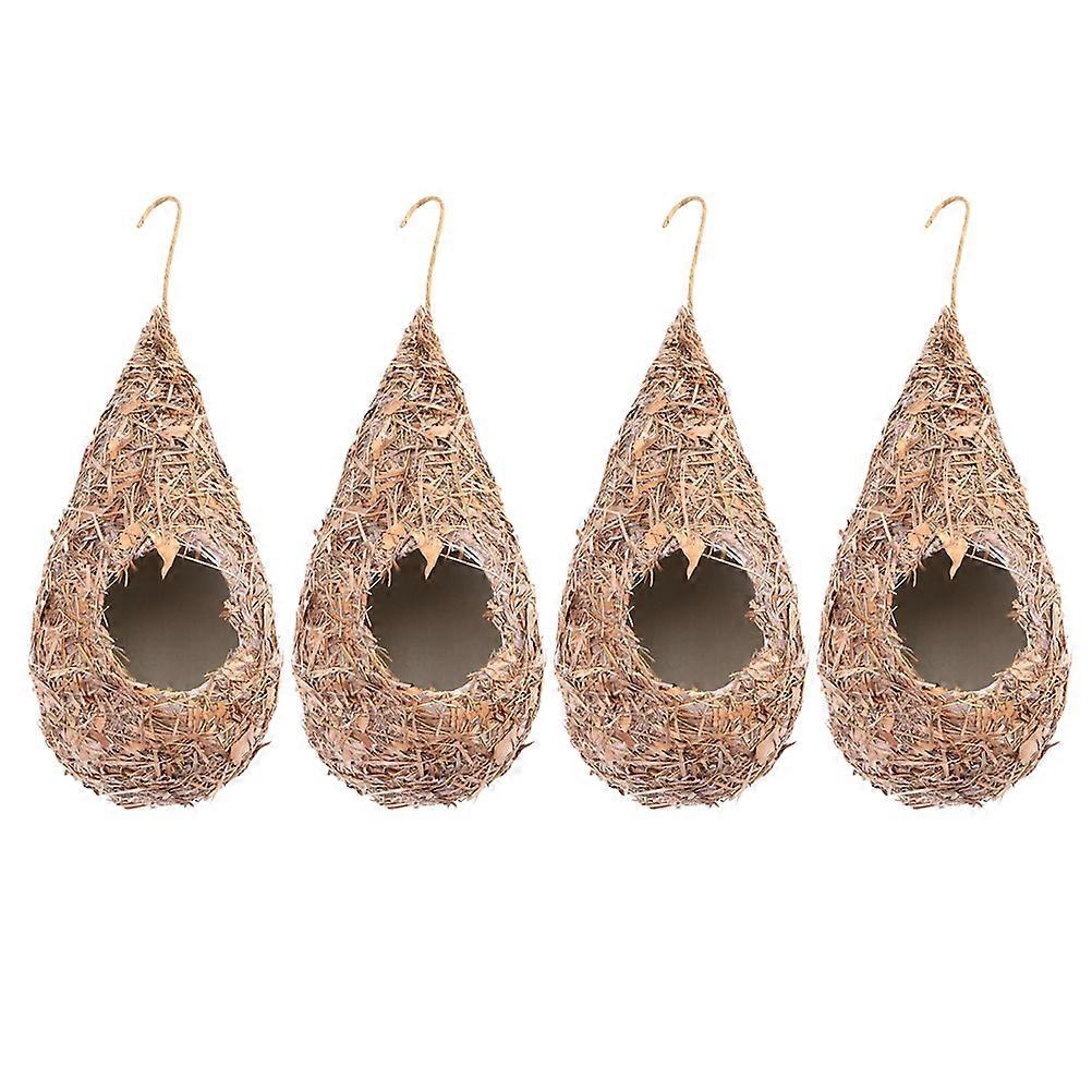 Handwoven Natural Straw Bird Nests Set of 4 – Teardrop Shape with Ventilation, Rustic Hanging Bird Houses for Garden, Balcony, and Outdoor Use