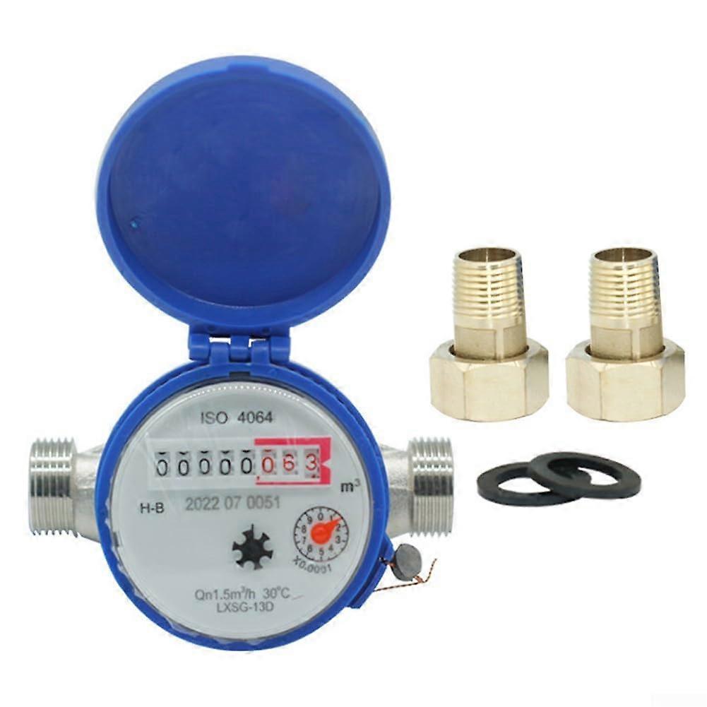 1/2' Dry Cold Water Meter Single Flow Garden Home with Threaded Adapters Compact Cold Water Meter for Gardens with Thread Adapter Kit