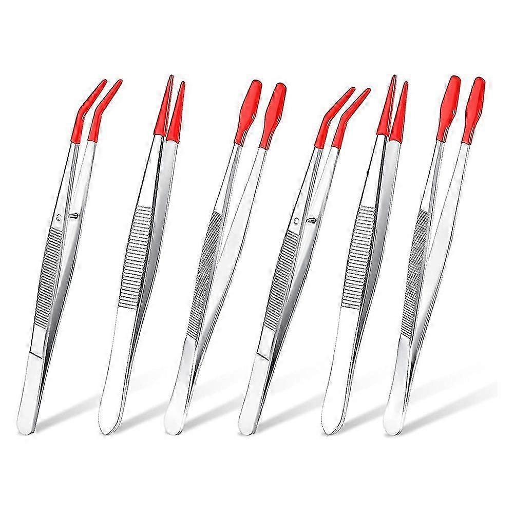6Pcs Tweezers with Rubber Tips Set Soft PVC Rubber Coated Tips Bent and Straight Flat Tip Precision