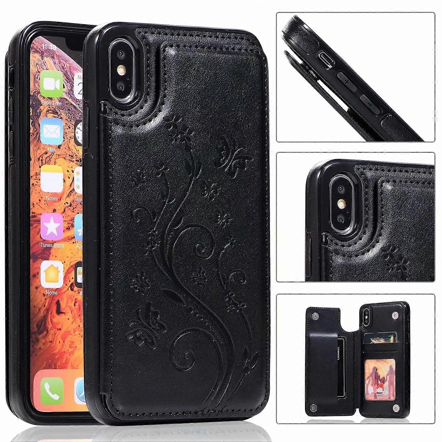 Case For Iphone 14 Pro Black Embossed Butterfly Double Buckle Card Holder Slot Leather Ee1133