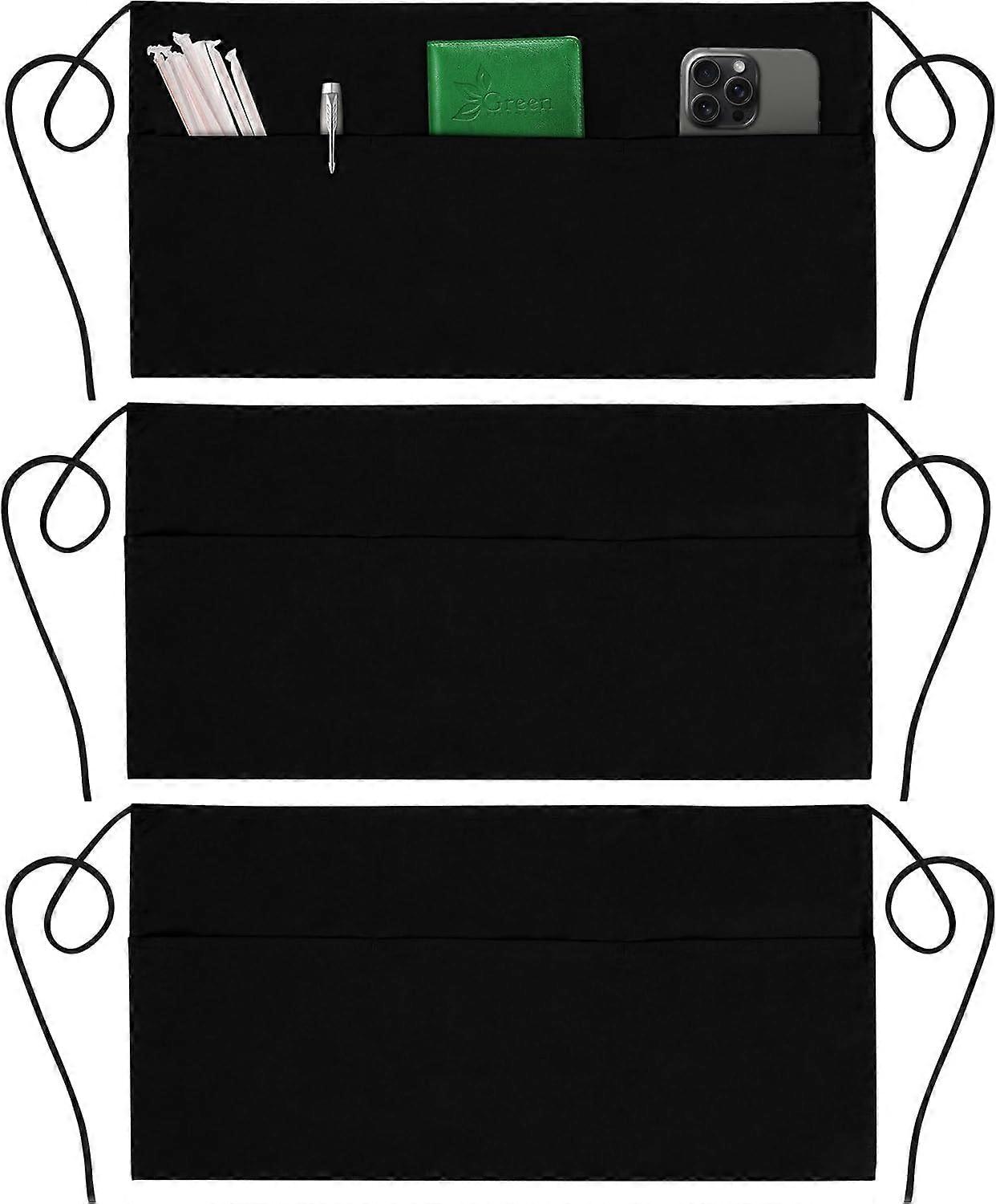 Waterproof Server Apron – Heavy Duty Waist Apron with 3 Pockets, Reinforced Seams – for Men & Women (Black) 3-Pack