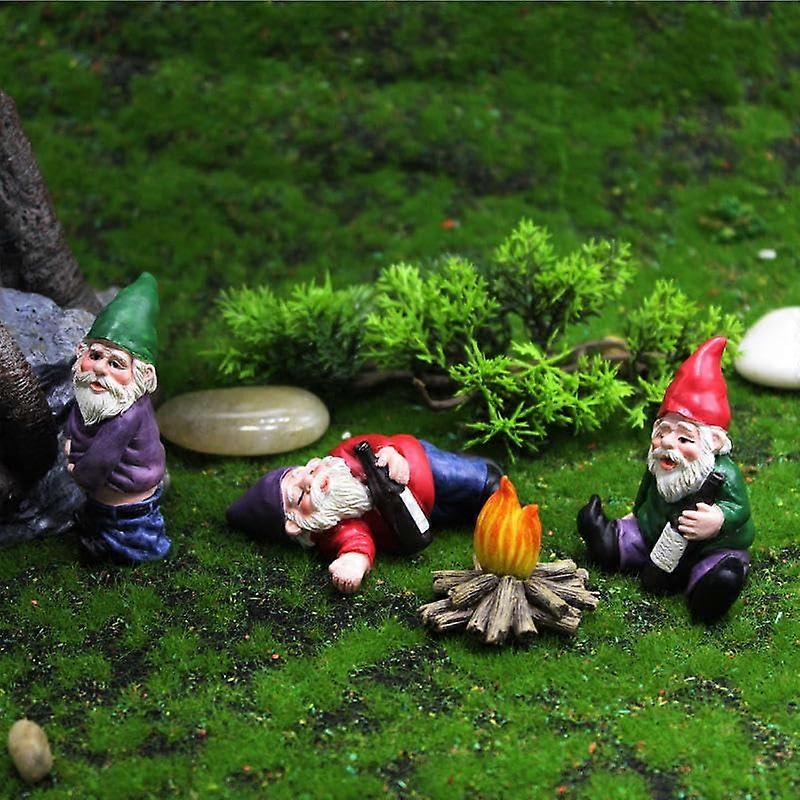 Drunk Garden Gnomes Set of 4, Miniature Dwarf Statues with White Beards, Campfire Decor for Lawn and Garden