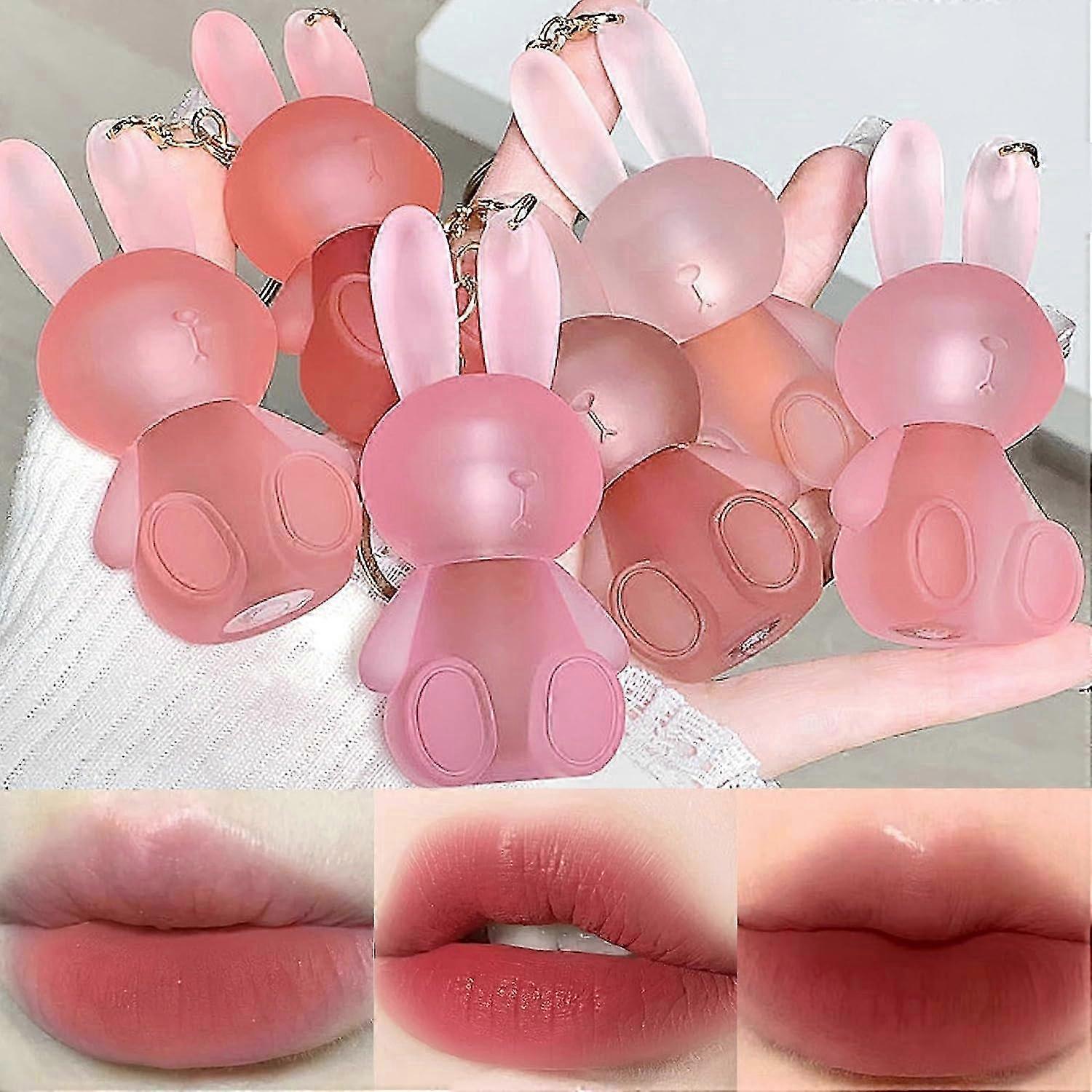 6 couleurs rouge à lèvres mat rouge à lèvres, mignon lapin lip glaçage 2 en 1 porte-clés lèvre brillant à lèvres teint à lèvres, imperméable à l’eau antiadhésif tasse longue durée lèvre argile mignon