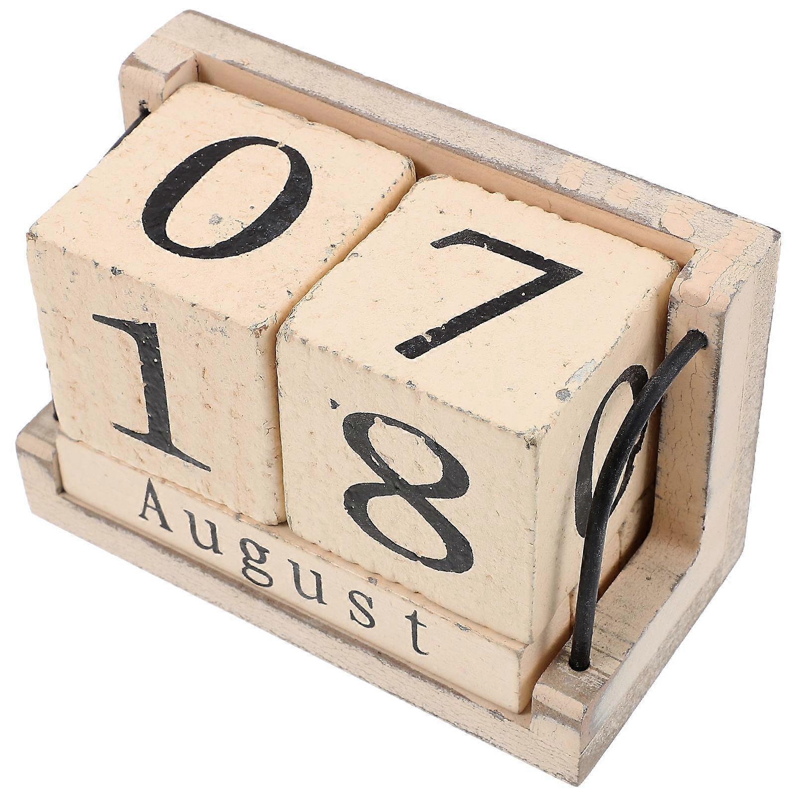 Wooden Calendar Blocks for Home Decoration Reusable Desk Accessory Beige 3 Pieces