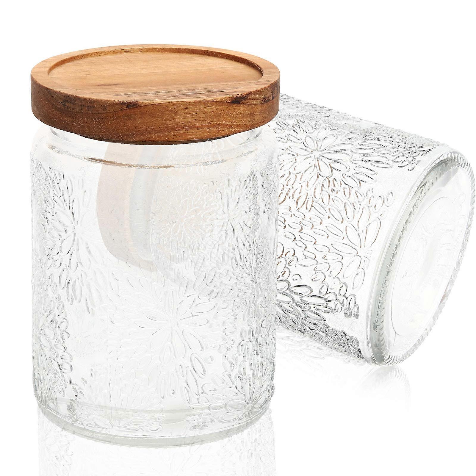 Clear Glass Food Jars 2Pcs With Wooden Lid Suitable For Home Kitchen And Desk Use Offering Multipurpose Functions