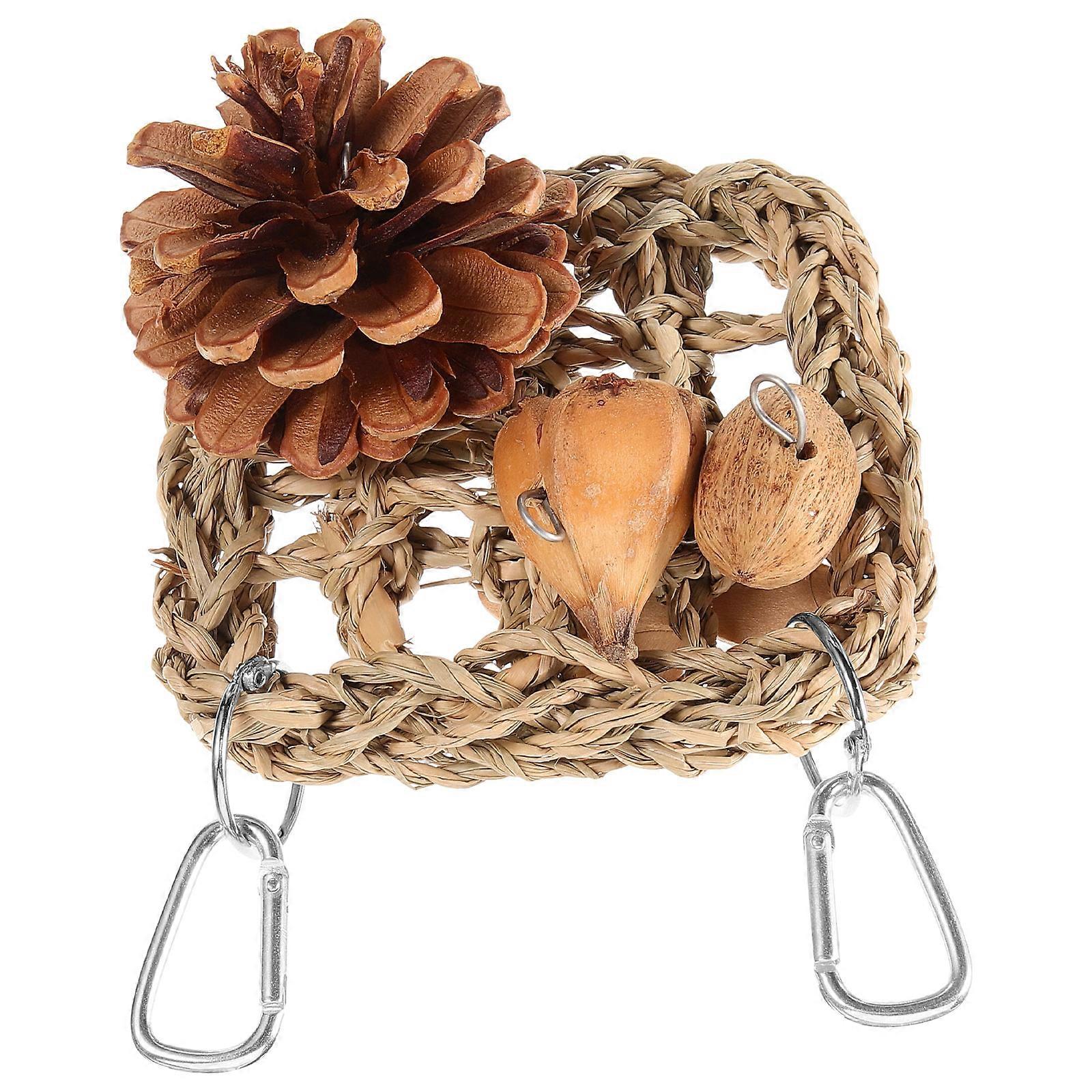 Parrot Climbing Net Toy for Pet Bird Cage Brown Wood Pine Cone Hanging 12.5x12.5 Inches