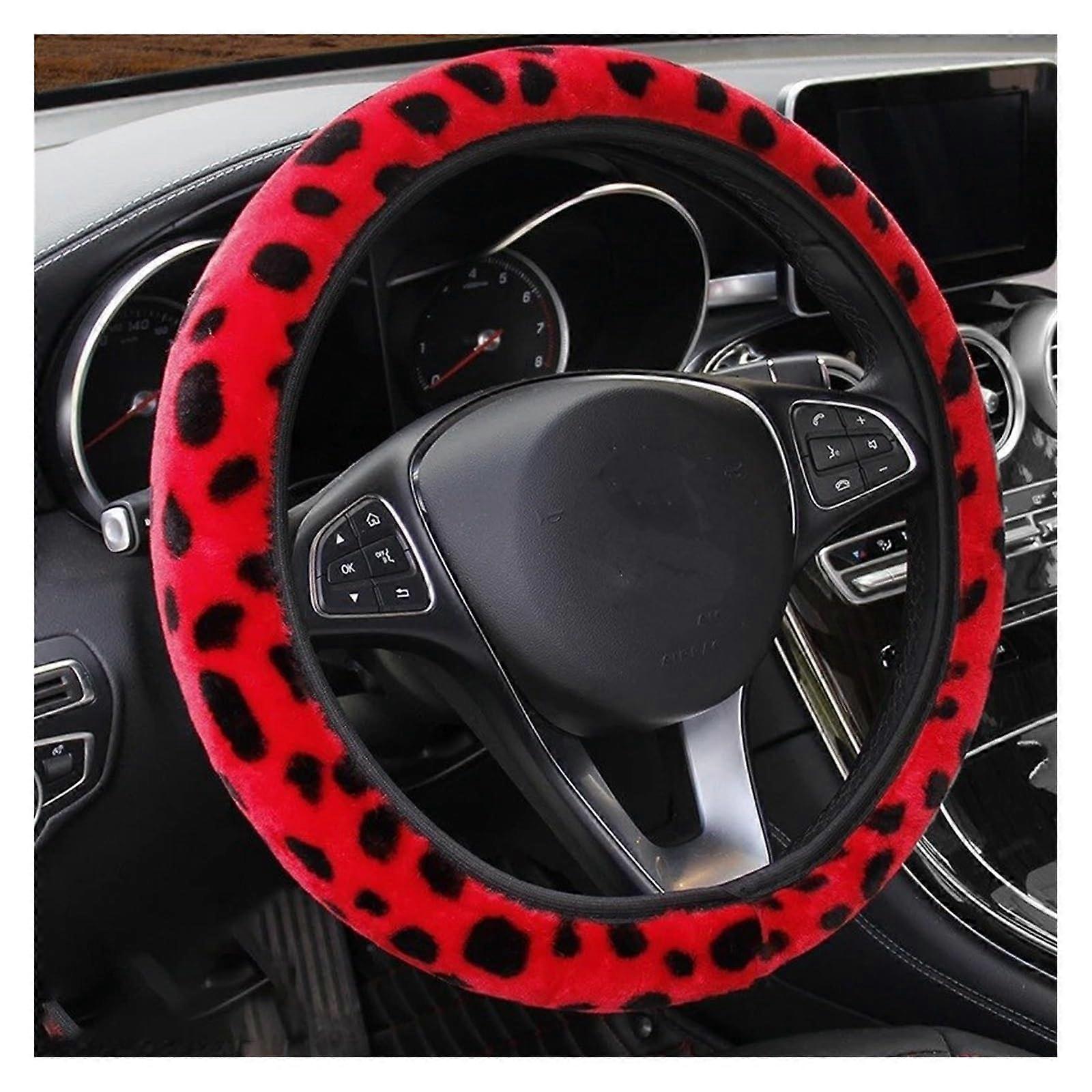 Car Steering Wheel Cover Universal Plush Leopard Print Fur Winter Warm And Soft Red Fits Most Vehicles