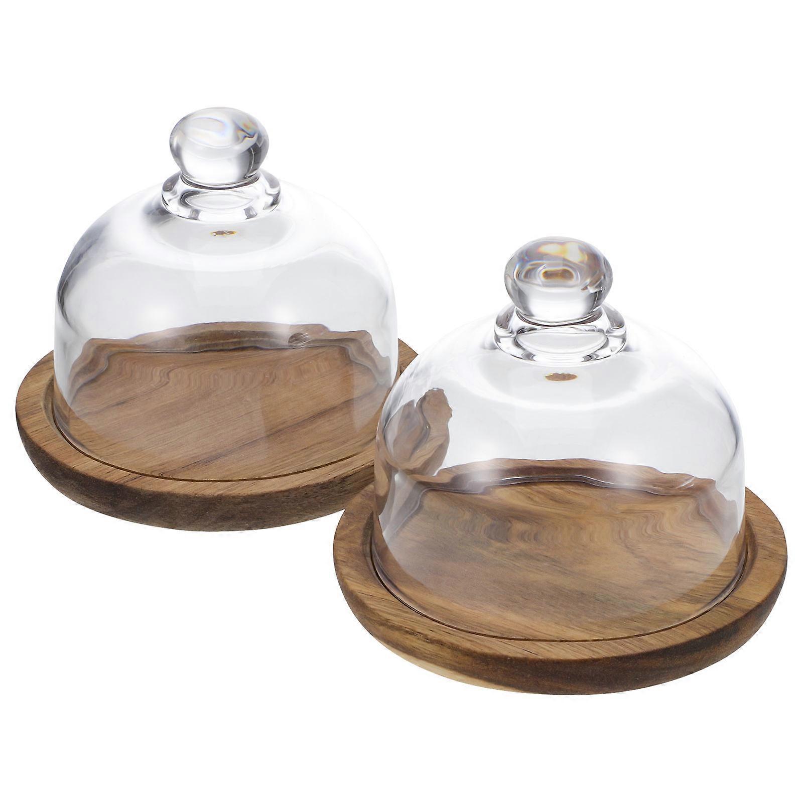 Round Butter Dish With Lid For Home Use 10X10X8.5CM Brown Wood And Glass Display 2 Pcs