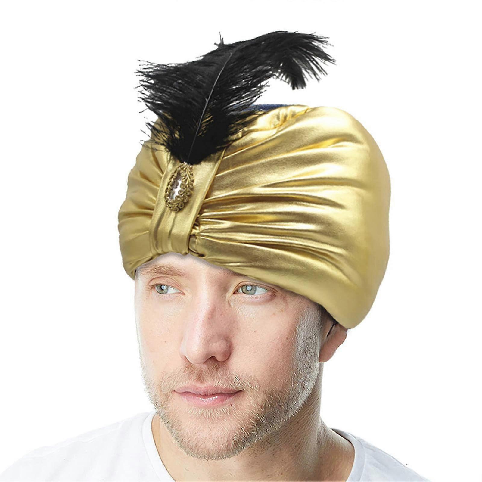 Metallic Turban Headpiece For Adults And Teens, Vintage Sultan Aladdin Hat, Feather Gemstone Arabic Costume Accessory