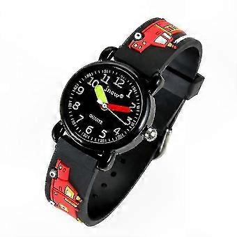 Fire Truck Cartoon Kids Watch, 3D Silicone Strap, Waterproof, Ideal for Ages 2-12