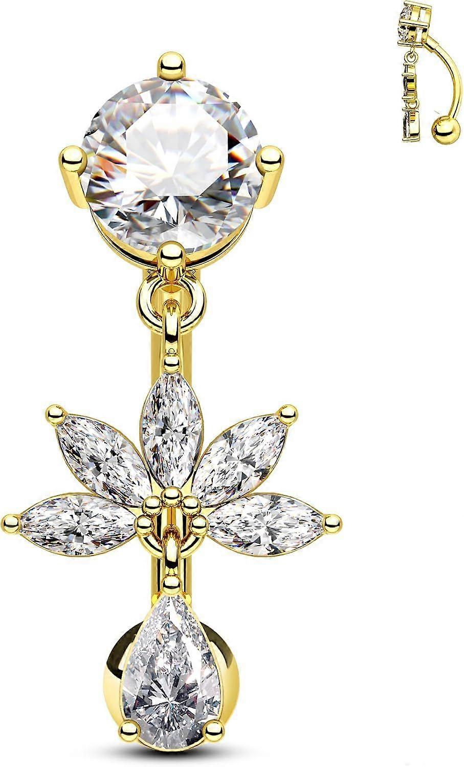 Flower Dangle Belly Button Ring, 14G Gold Reverse Belly Button Piercing for