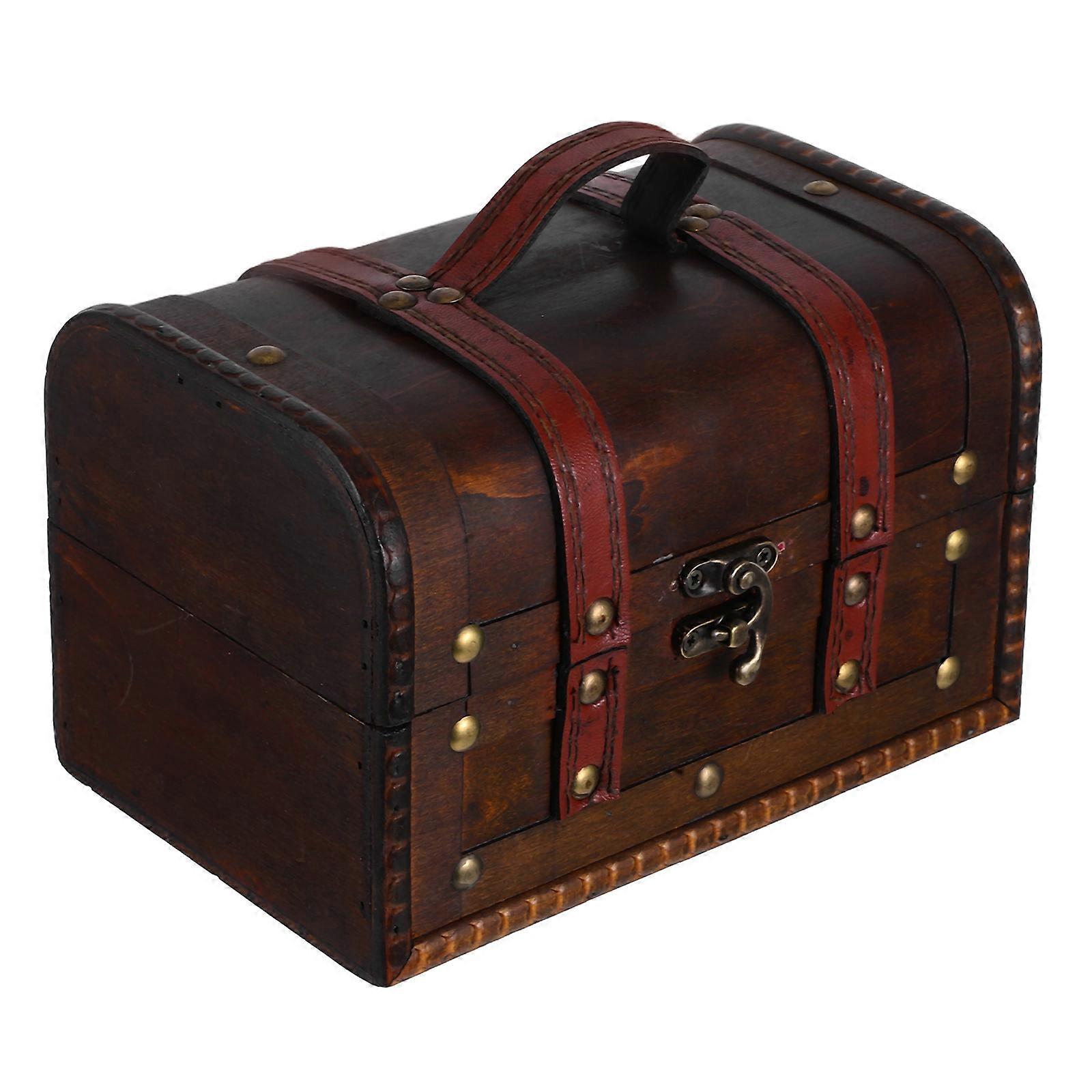 Antique Style Wooden Treasure Chest Box with Lock – Small Vintage Storage Organizer for Jewelry, Keys, and Trinkets – Dark Brown Decorative Keepsake