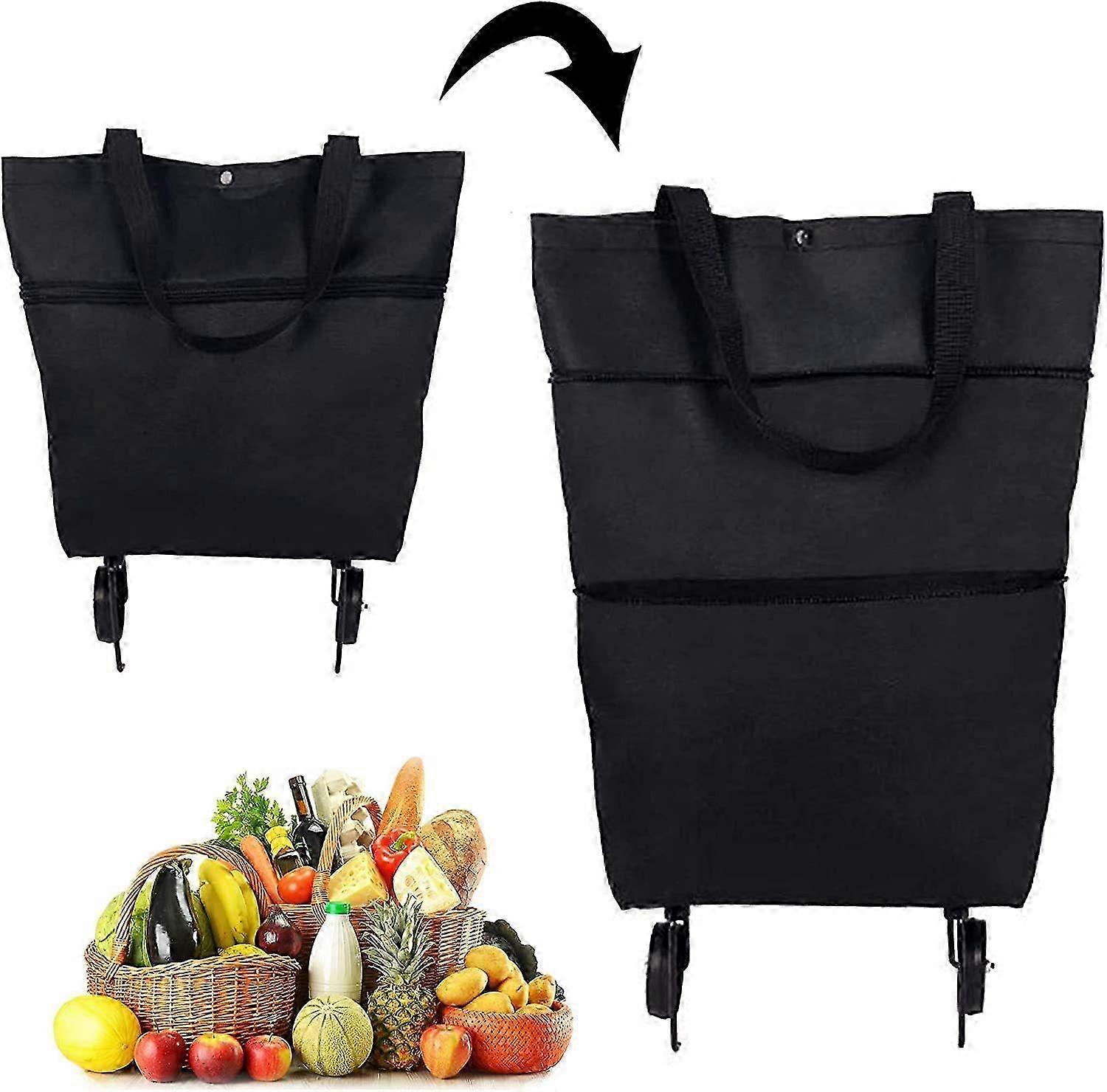 2 in 1 Collapsible Two-Stage Zipper Grocery Cart with Wheels Shopping Bag (Black) (D-4)