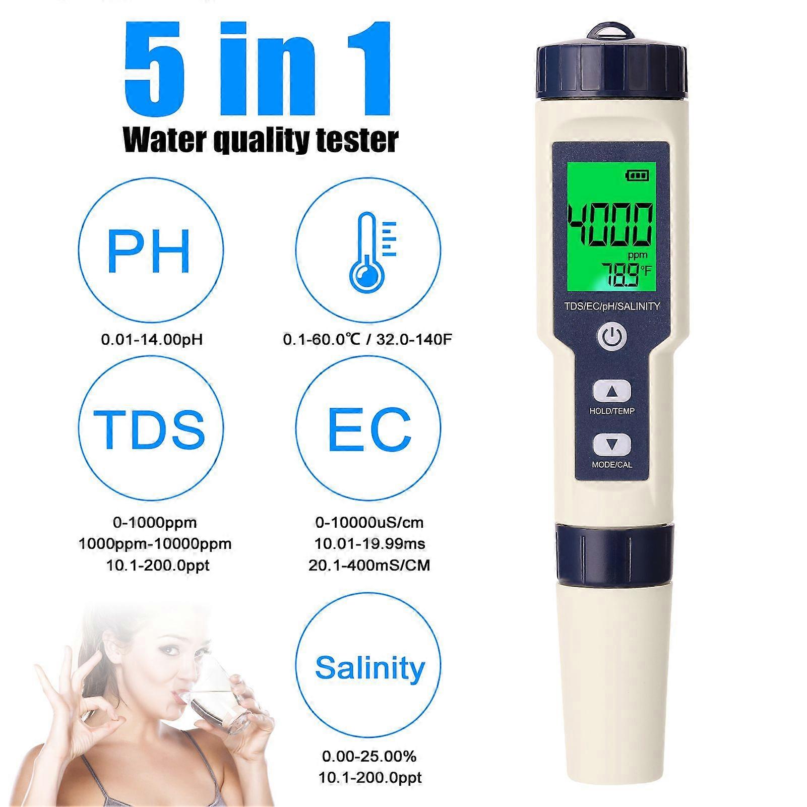 5 in 1 Professional Multi-parameter Combo Testing Meter PH/EC/TDS/Salinity/Thermometer Digital Multi-Function Tester Water Quality Tester