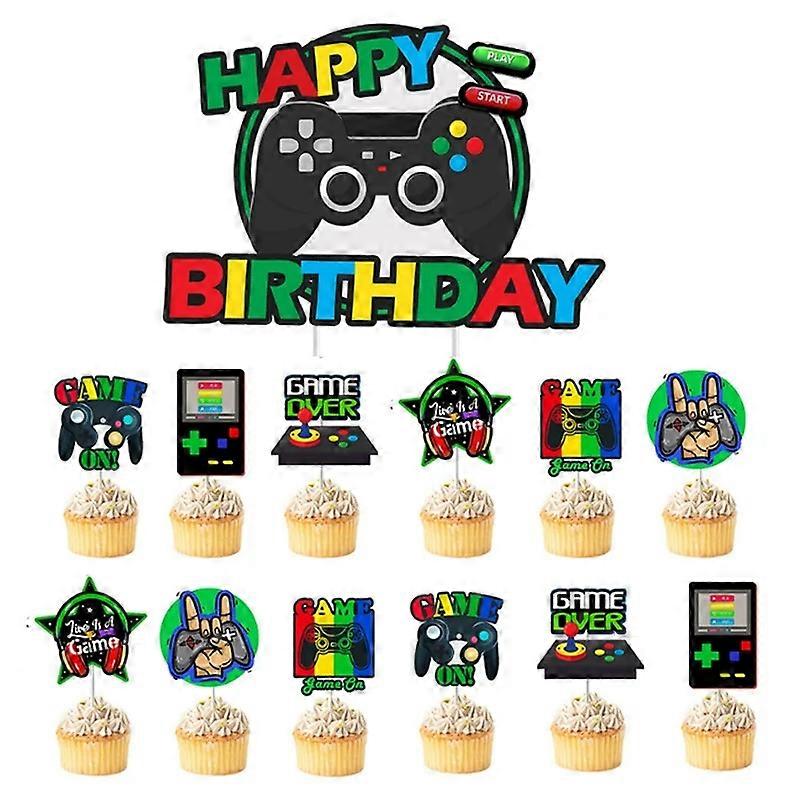 1pc Video Game Cake Hat Flash Game Controller Happy Birthday Cake Decorations Cupcake Flags Game Themed Birthday Party Supplies