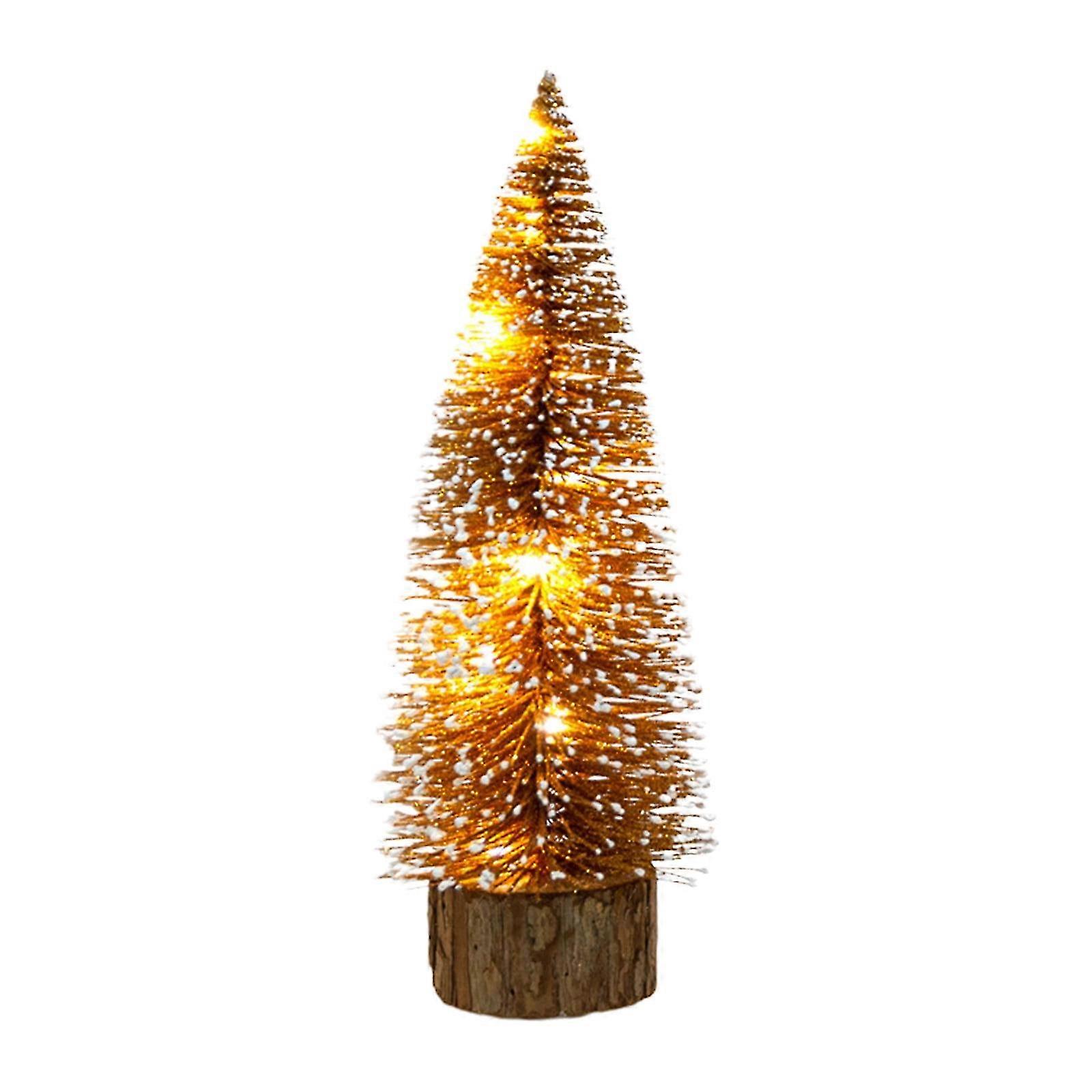 Mini Artificial Christmas Tree with LED Lights, Pre-lit Bottle Brush Tree on Wooden Base, Small Desktop Xmas Decoration