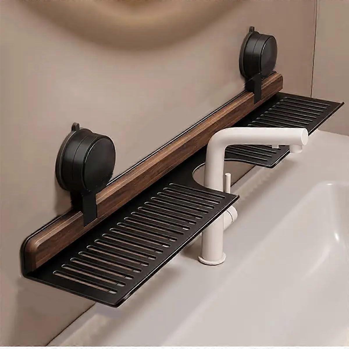 Suction Cup Walnut Shelf Faucet For Bathroom Sink WallMounted Washbasin Shelf Removable Vanity Tray Black 40 cm
