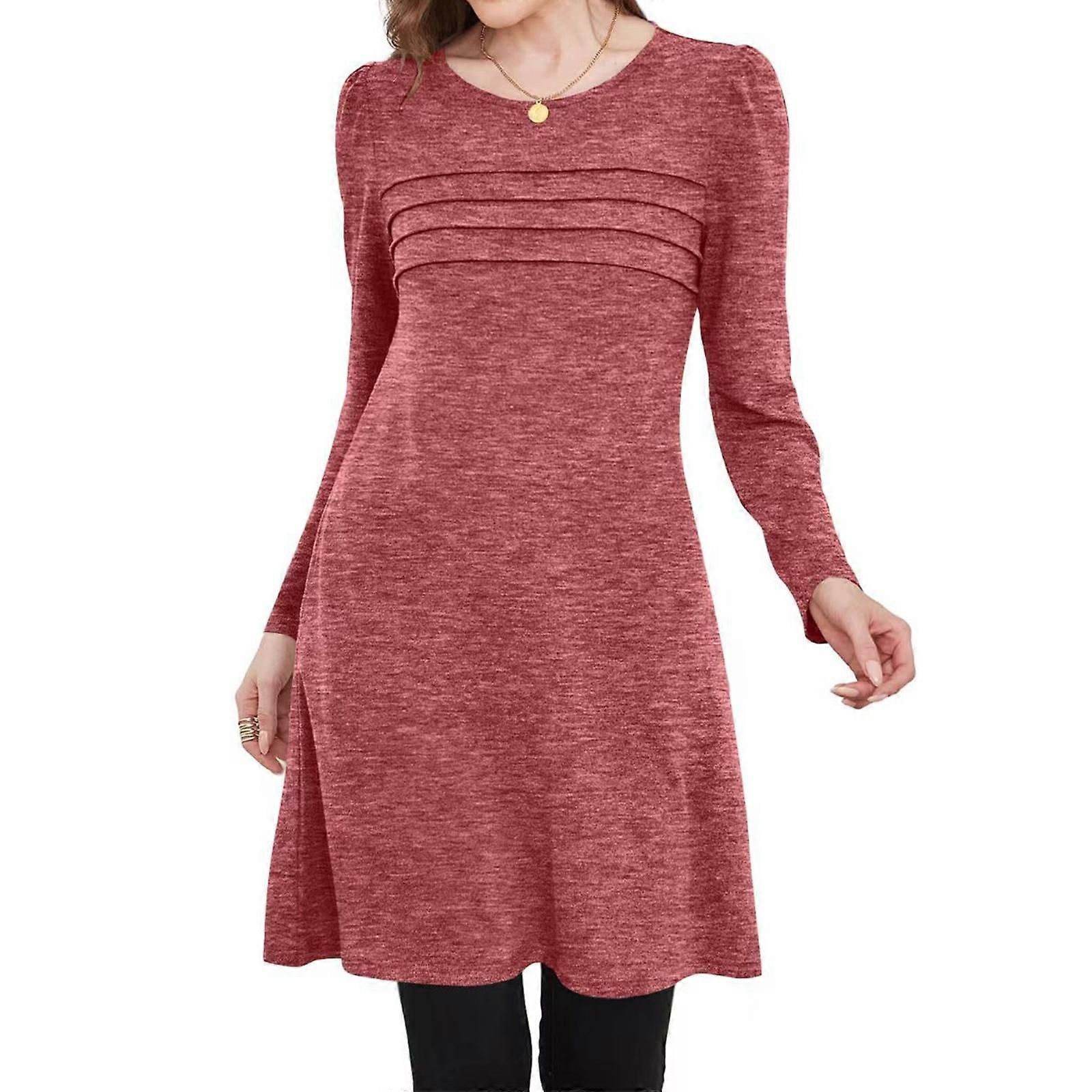 Womens Long Sleeve Tunic Dress Fall Fashion Sweater Dress with Pockets  Pleated Front Casual Winter Coral Red L | Fruugo NO