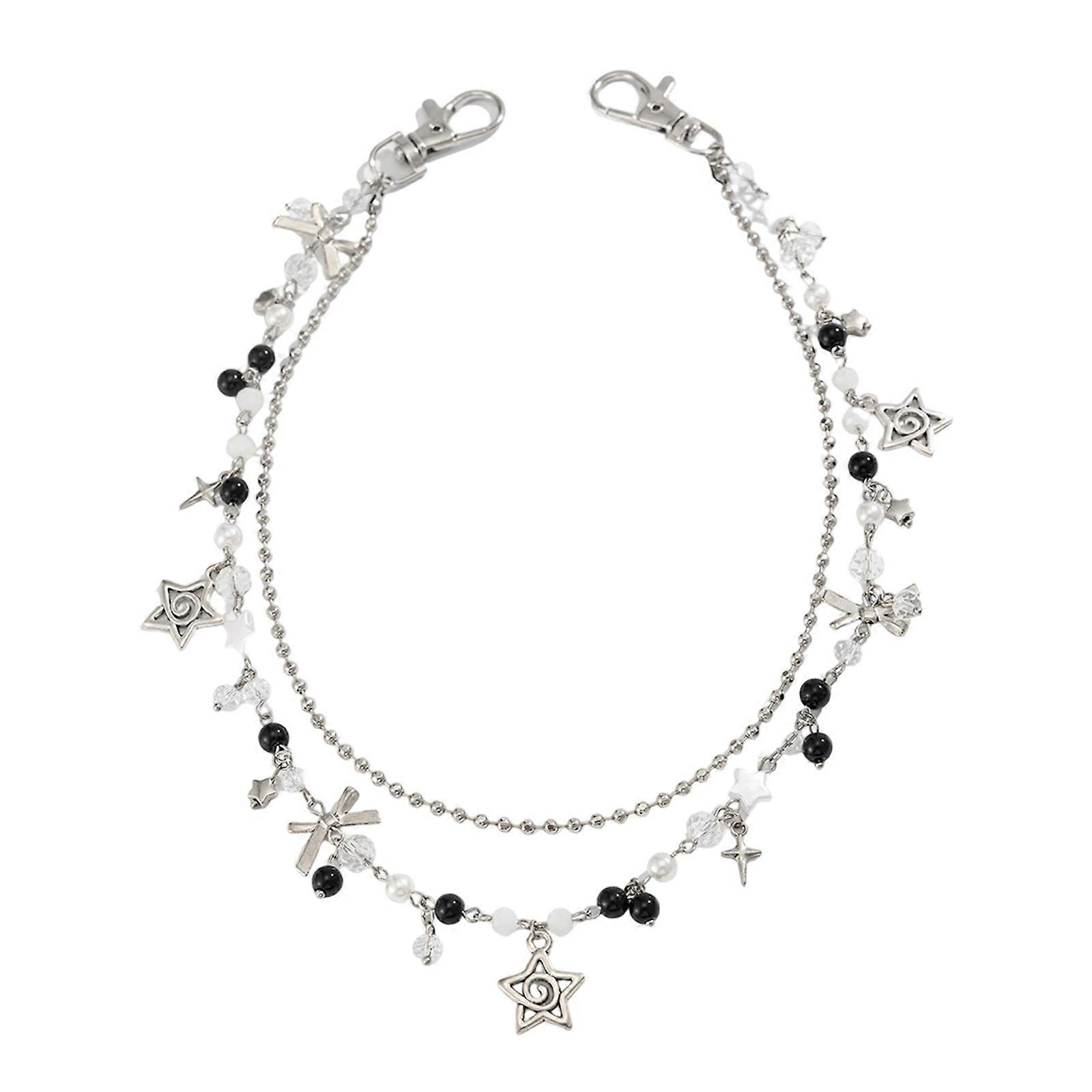 Elegant Alloy Pearls Embellished Denims Chain For Women Bohemian Styles Keyring Multicolor