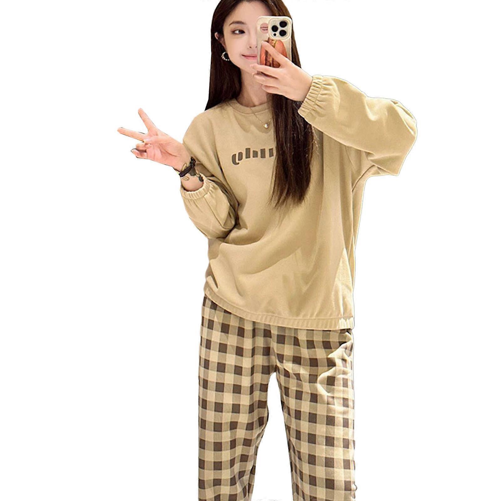 Ruudut Collegepuvut varten Naisten Loungewear Set Verryttelypuku Pyöreä kaula-aukko Pitkähihainen Pyjamasetti 2-osainen Asut Lounge-setit Keltainen OneSize