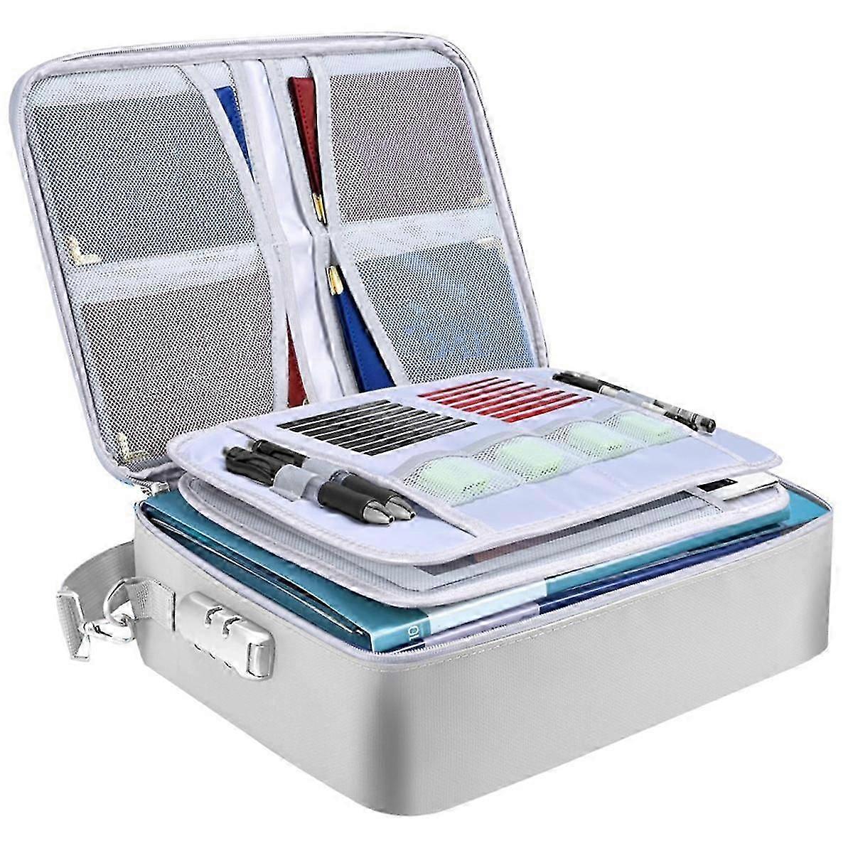 Fireproof Document Bag with Lock, Portable Waterproof Fire Proof File Organizer Box (Silver)