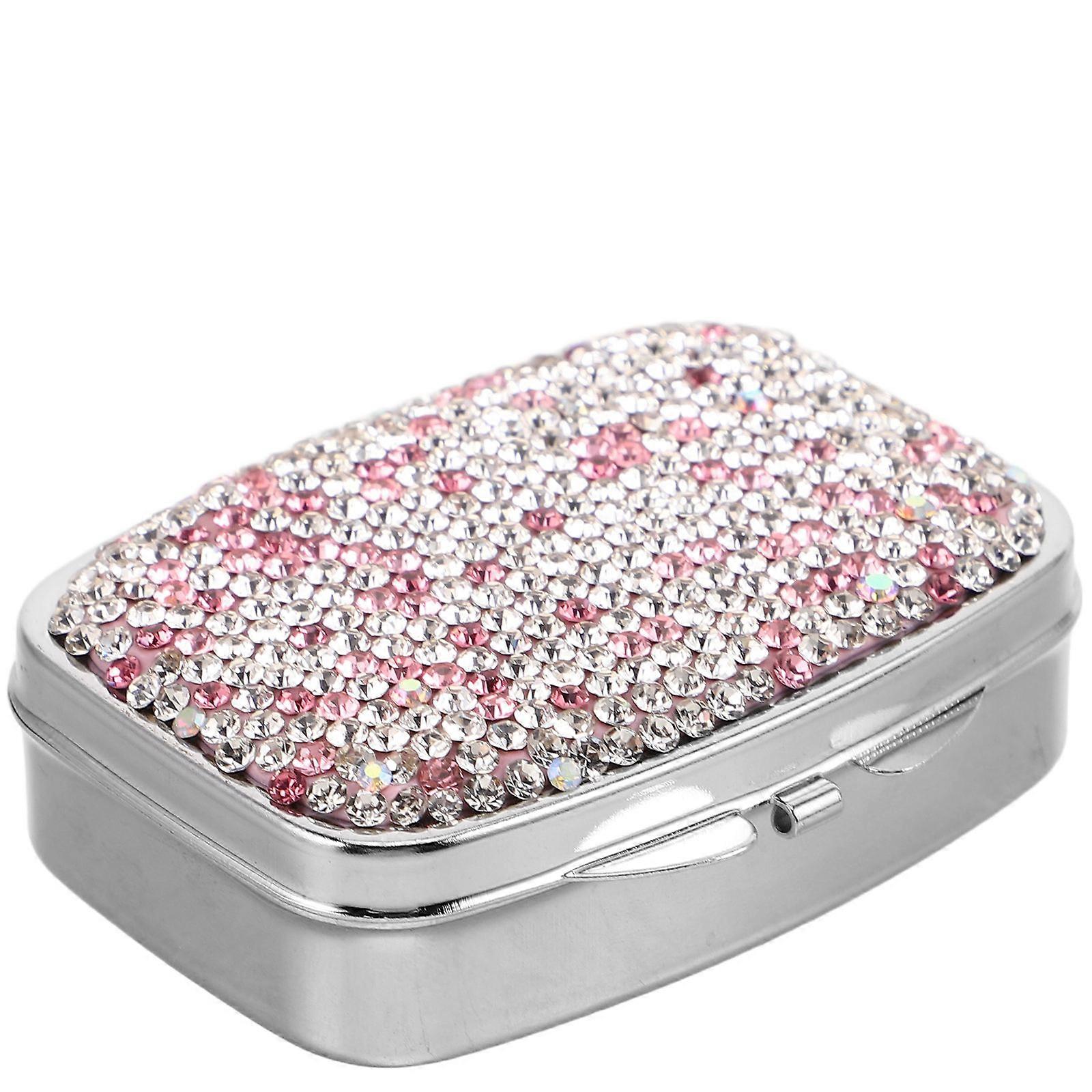 Square Shape Mini Travel Pill Box For Vitamins And Supplements With Rhinestone Decoration 1Pack