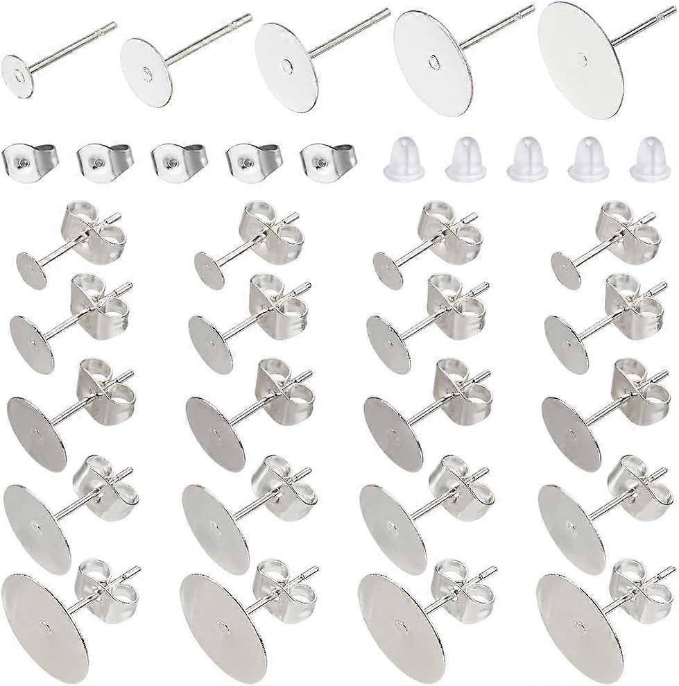 1 Box 600Pcs Earring Making Kit Posts Flat Round Studs Silver Plated Metal 304 Stainless Steel Basic Blank Post with Butterfly Backs Rubber Nuts for J