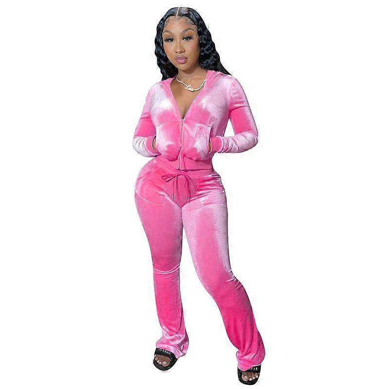 Dam Höstkläder Tvådelade Velour Träningsoveraller Träningsoveraller Dragkedja med huva Utsvängda Byxor Joggingset